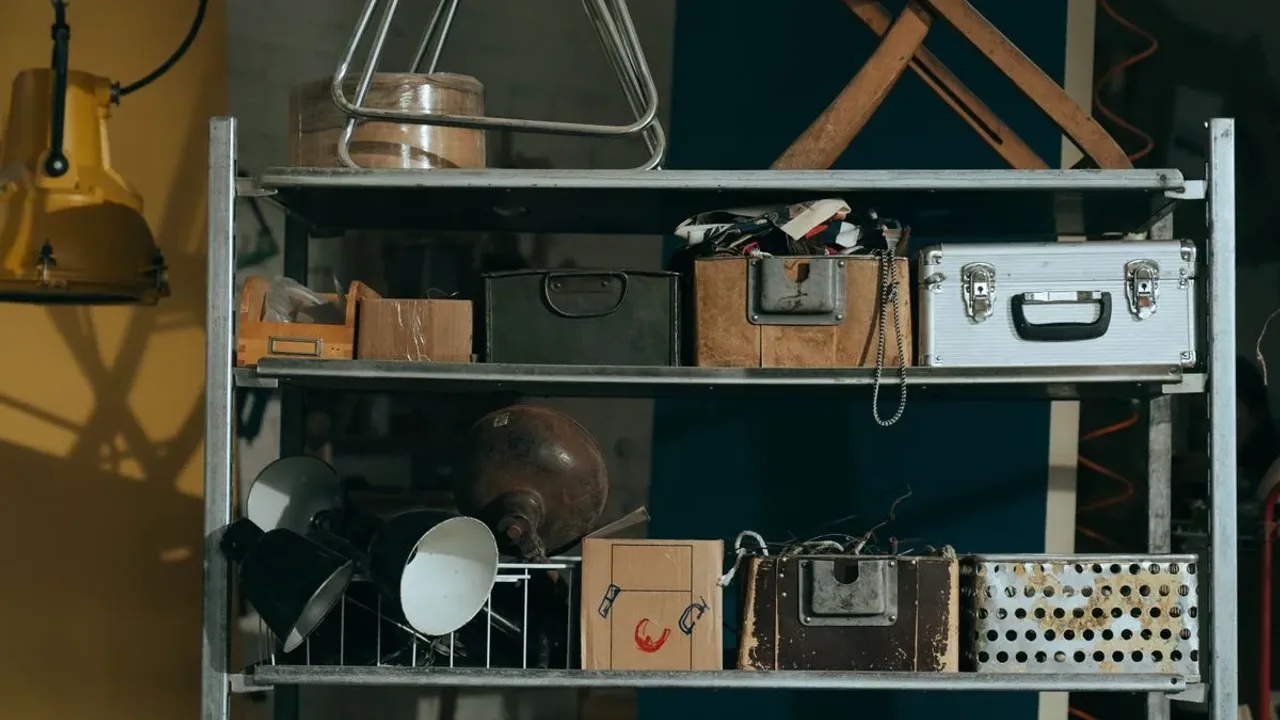 Metal shelving unit in a dim garage stacked with toolboxes, a silver carry case, lamps and assorted stored items