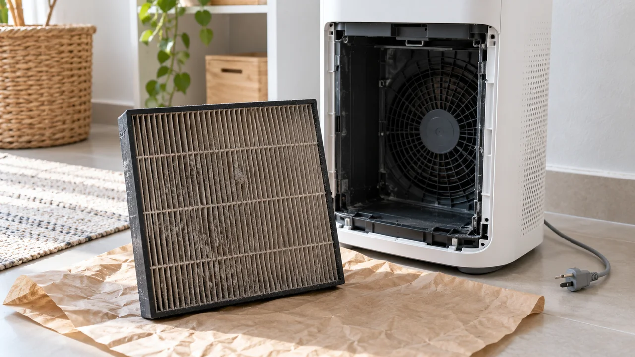 Dusty pleated air-purifier filter removed onto protective paper beside the open unplugged appliance