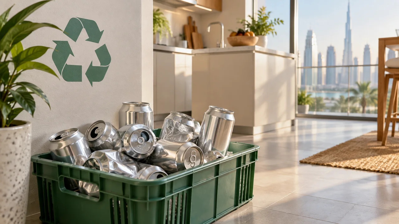 Green reusable crate filled with clean unbranded aluminium cans beside a bright Dubai apartment kitchen