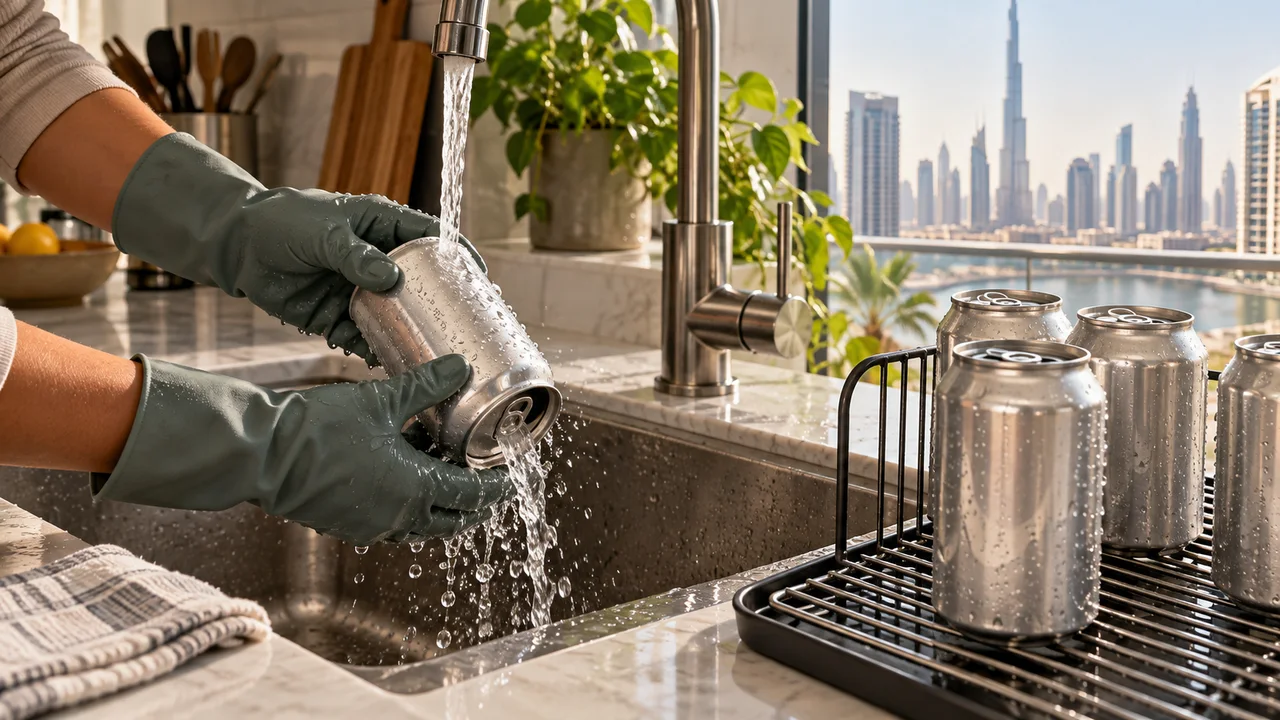 Gloved hands rinsing an unbranded aluminium can over a kitchen sink beside clean cans drying on a rack