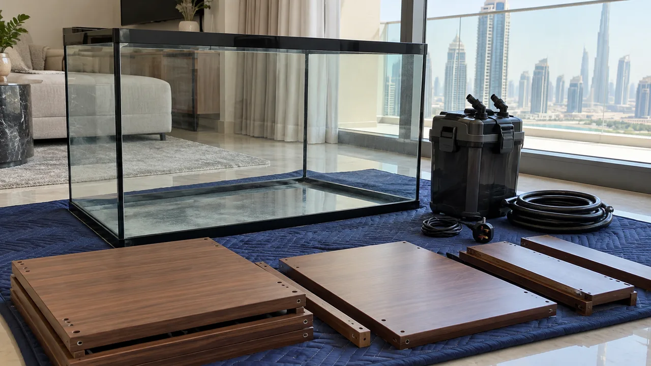 Dry empty glass aquarium on protective padding with filter, cable and wooden cabinet panels arranged separately
