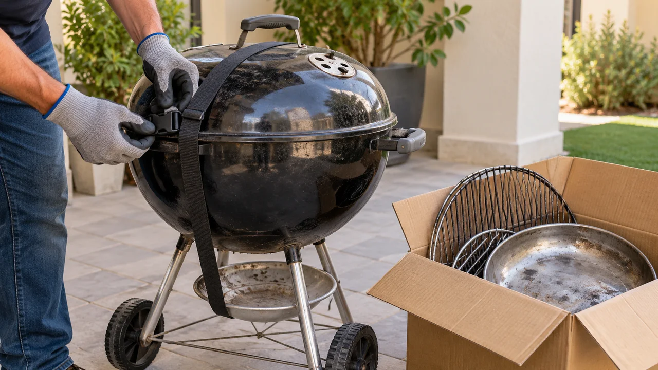 Gloved hands securing a black kettle barbecue lid while removable grates and drip trays sit in a cardboard box