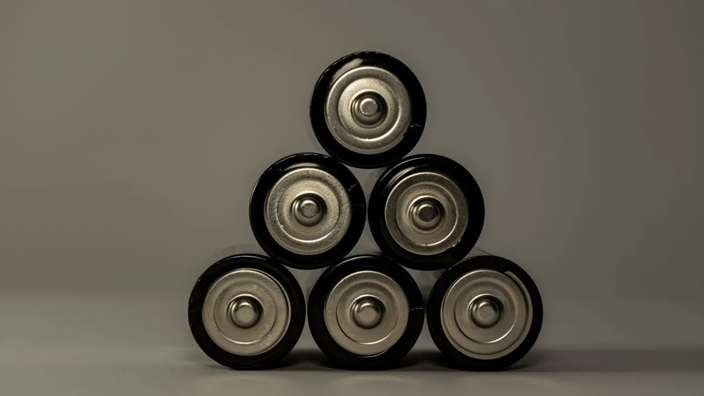 Six AA batteries stacked in a pyramid with their positive terminals facing the camera against a grey backdrop