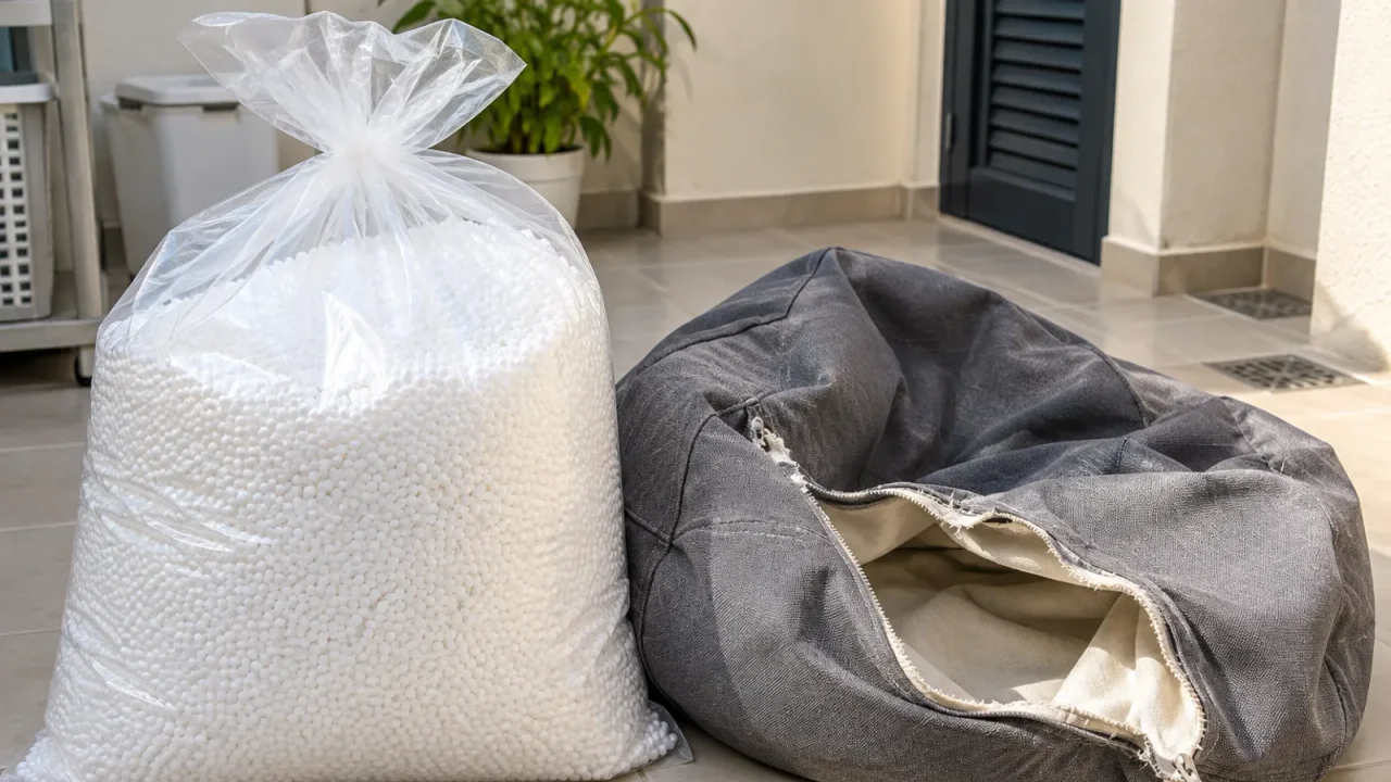 White bean bag filling beads sealed in a clear heavy-duty sack beside an empty grey fabric cover