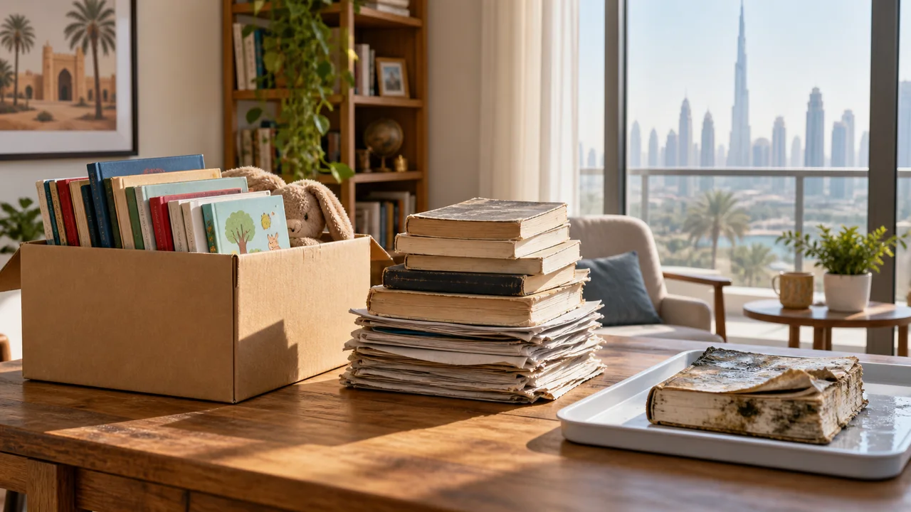 Dubai home study table with clean books boxed for donation damaged paper for recycling and a mouldy book isolated