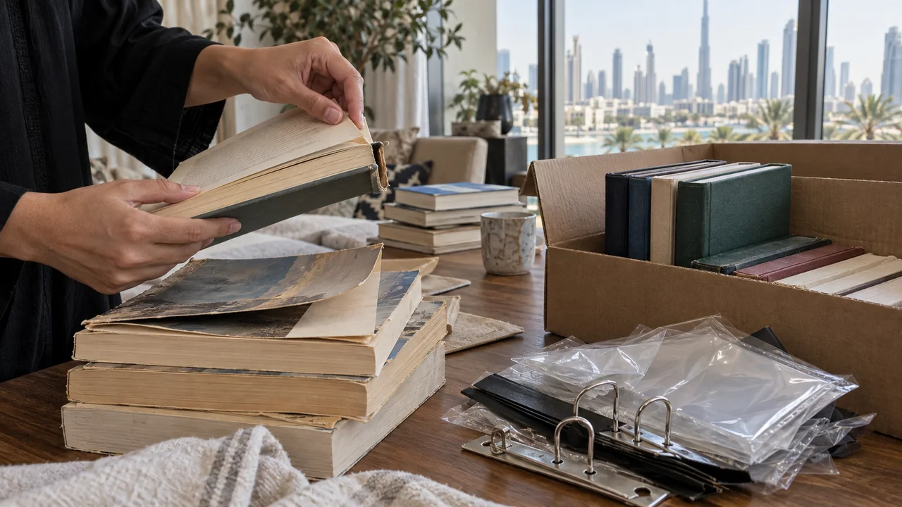 Hands inspecting used books beside a donation box and removed plastic sleeves and metal binder parts