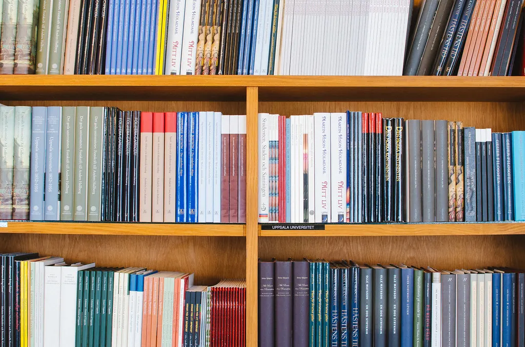 Three levels of a light wooden bookcase filled with tightly packed hardback and paperback books in varied colours