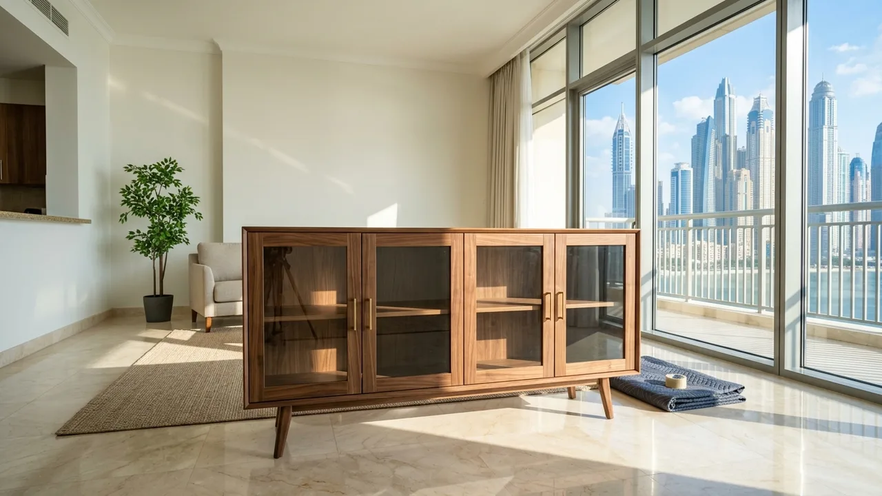 A modern freestanding wooden buffet credenza sideboard standing emptied in a spacious sunlit living room prepared for collection