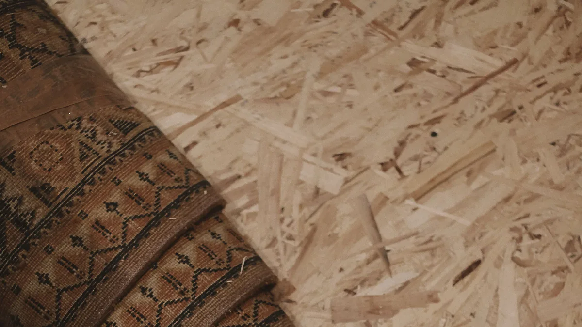 Old patterned carpet rolled tightly and lying on a bare board floor ready for collection