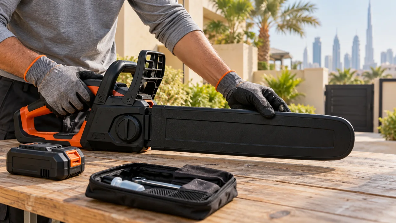 Gloved hands checking a rigid black scabbard over a chainsaw guide bar beside its detached battery