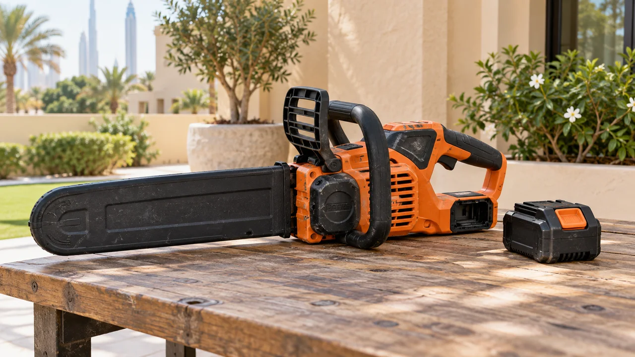 Used orange cordless chainsaw with a full black bar guard and detached battery on a villa workbench