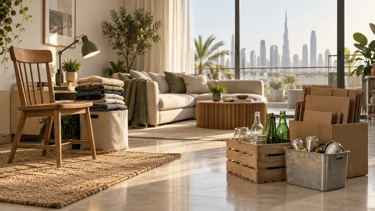 Dubai apartment with reusable furniture, folded clothing, cardboard, glass bottles and metal cans arranged for different next uses