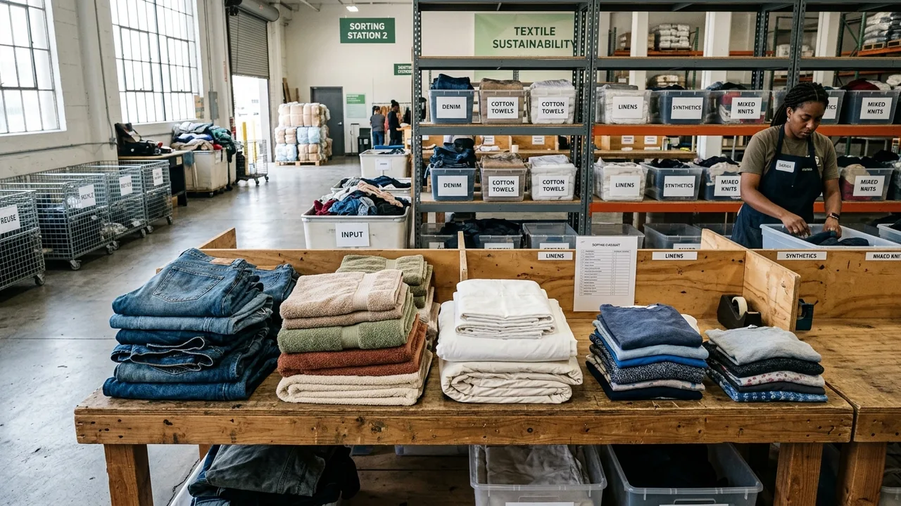 Segregated stacks of folded discarded textiles including towels, linens, and cotton garments arranged on a sorting table