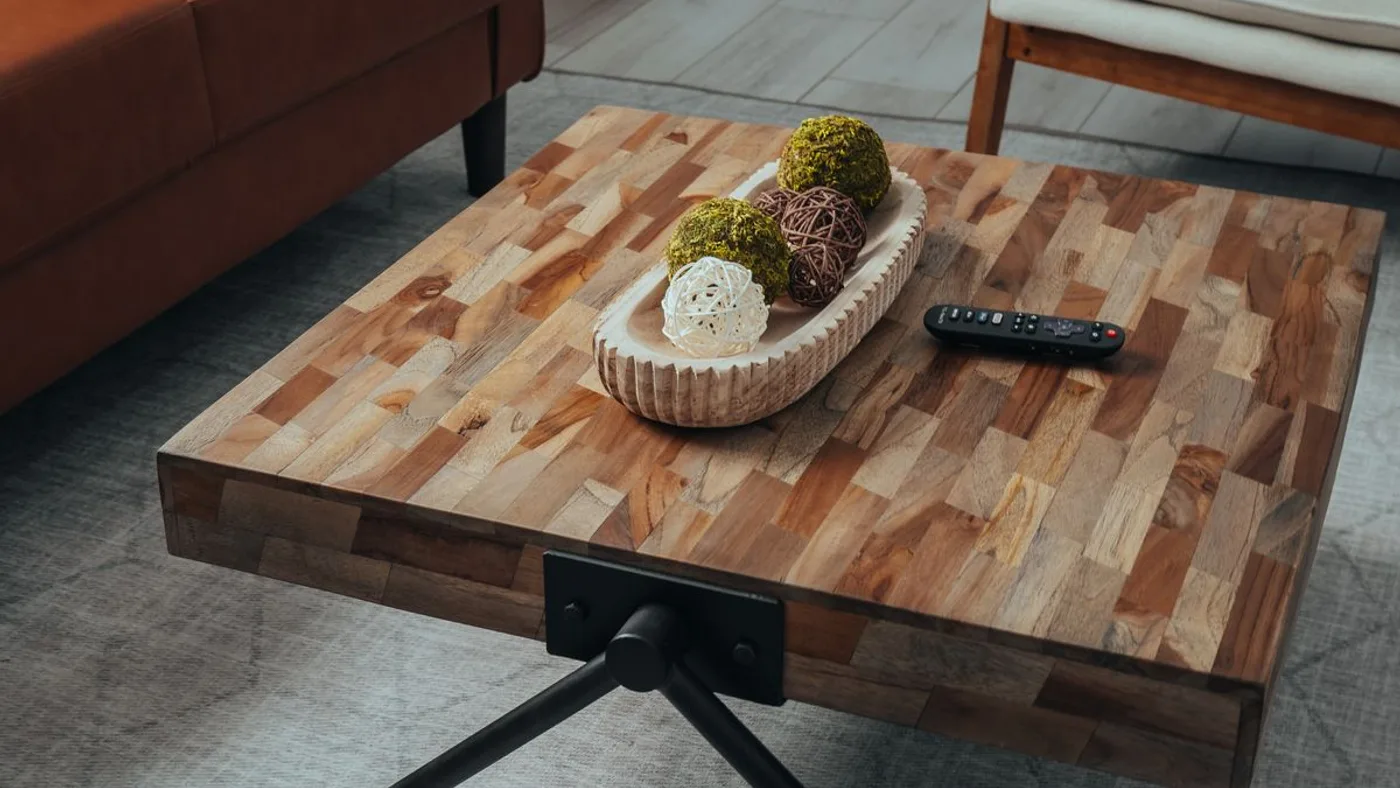 Square wooden coffee table with an angled black hairpin leg bracket standing on a rug beside a leather sofa and armchair