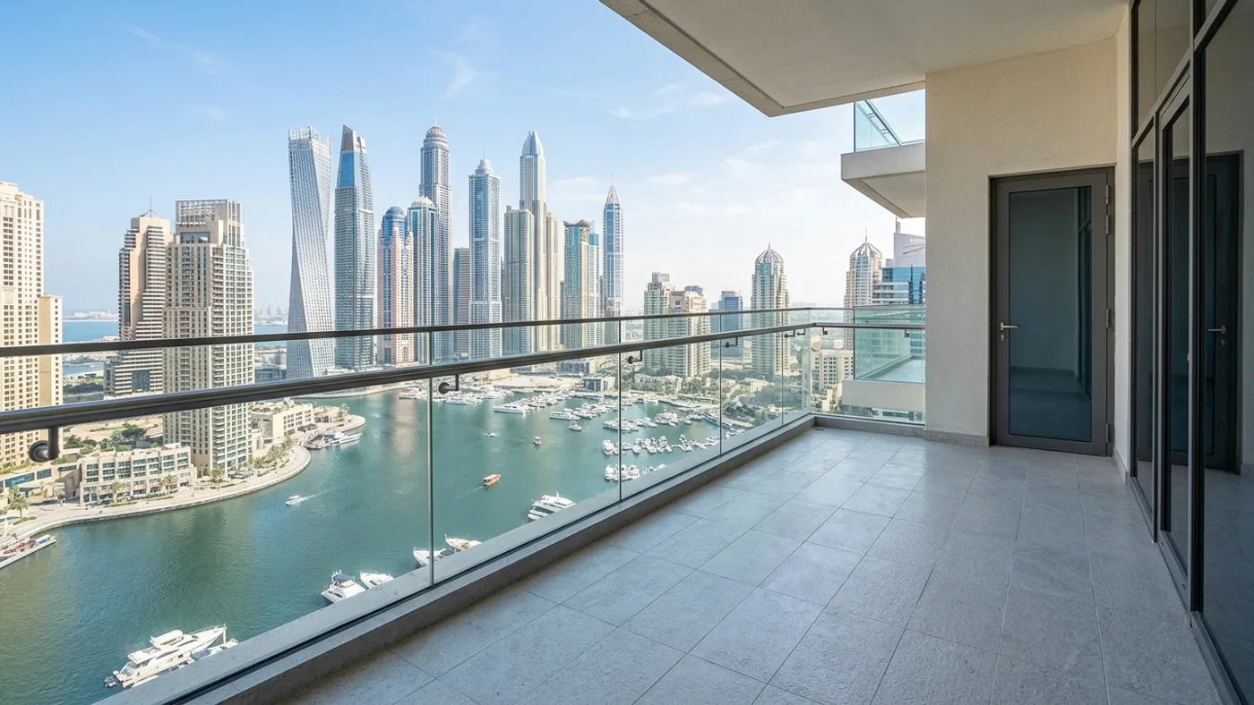 Pristine, completely empty high-rise apartment balcony overlooking Dubai Marina skyline with spotless floor tiles