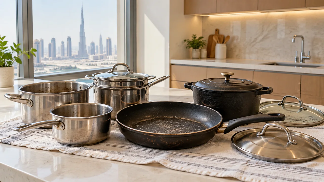 Used stainless-steel pots, a scratched frying pan, cast-iron casserole and loose lids sorted on a Dubai kitchen counter