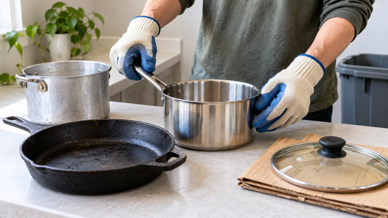 Gloved hands sorting stainless-steel, aluminium and cast-iron cookware while a glass lid rests separately on cardboard