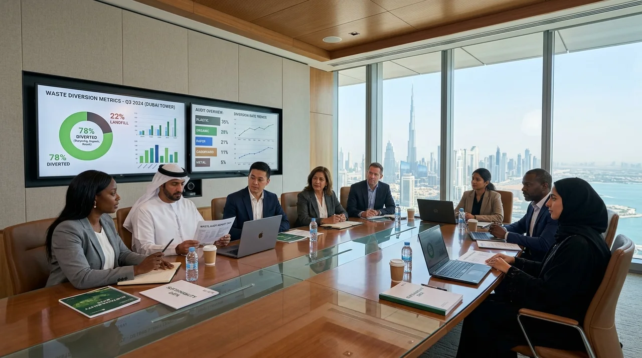 Diverse corporate leadership team in a modern Dubai boardroom reviewing waste diversion metrics on a digital display