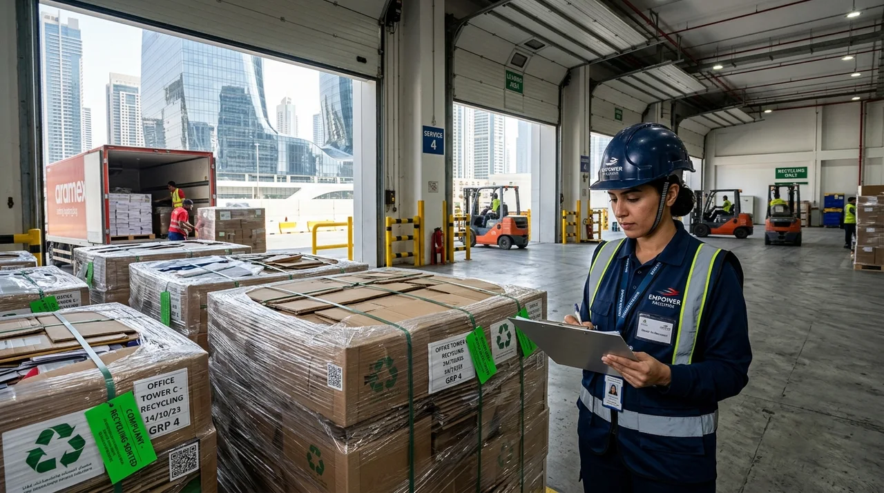 Facility compliance supervisor checking palletized commercial recyclables against a manifest at an office loading dock