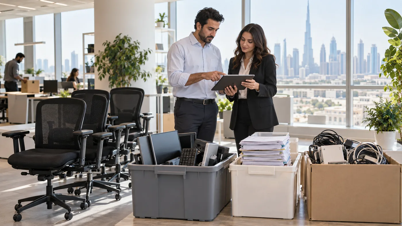 Two office managers reviewing a tablet beside grouped chairs, electronics, paper and cables in a Dubai workplace
