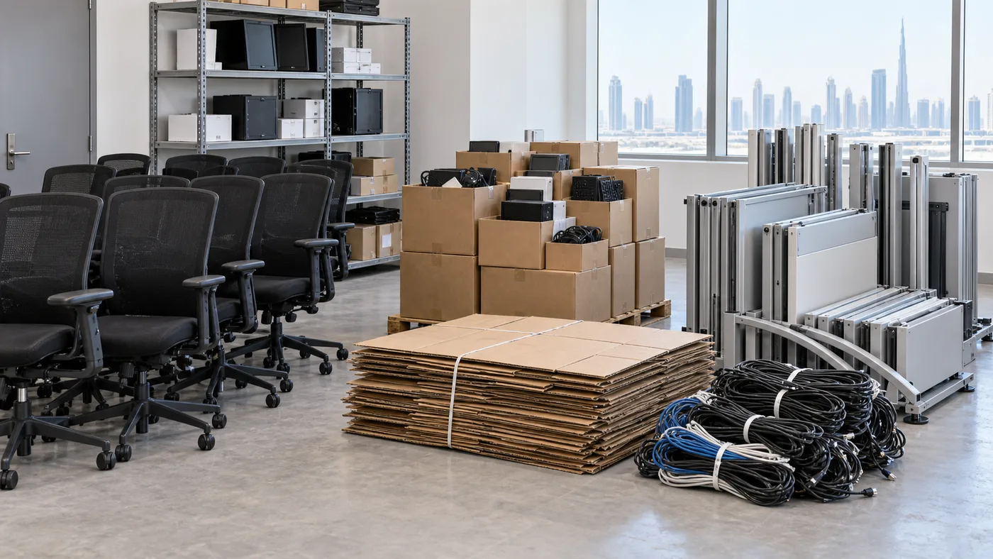 Rows of reusable office chairs beside grouped electronics, flattened cardboard, bundled cables and separated metal desk frames