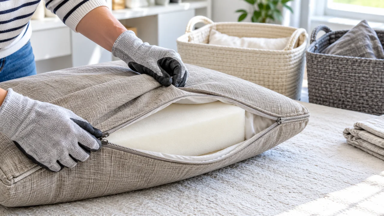 Gloved hands opening a zipped sofa cushion cover to inspect the clean foam insert on a bright work surface