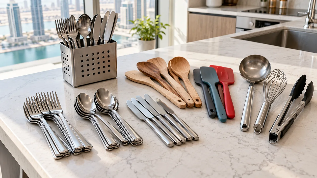 Stainless-steel cutlery, wooden spoons, silicone spatulas, a ladle, whisk and tongs sorted by material on a kitchen counter
