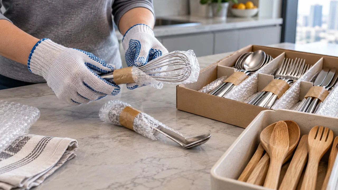 Gloved hands wrapping damaged metal utensils while intact cutlery sits in a divided box and wooden tools remain separate