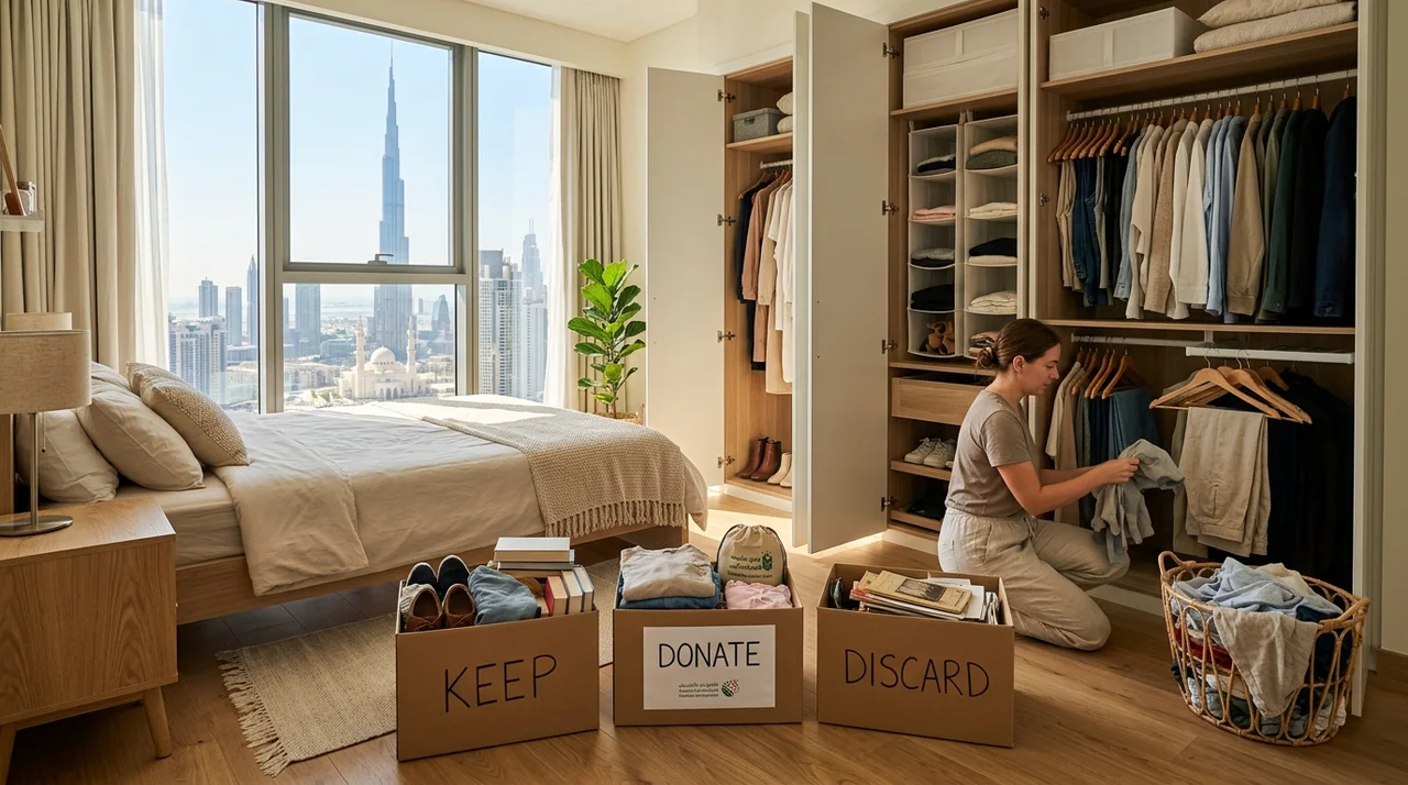 Woman kneeling at an open bedroom wardrobe folding clothes beside cardboard boxes labelled keep, donate and discard, with the Dubai skyline through the window
