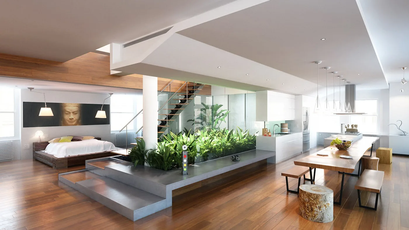 Bright and uncluttered interior of a modern compact studio apartment living room with sofa