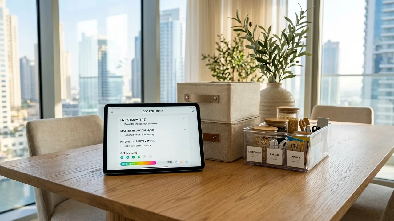 Tablet propped on an oak table in a sunlit apartment displaying a room-by-room home decluttering checklist and progress bar