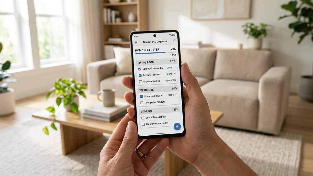 Person holding a smartphone displaying a clean home inventory organization app checklist in a bright modern living room
