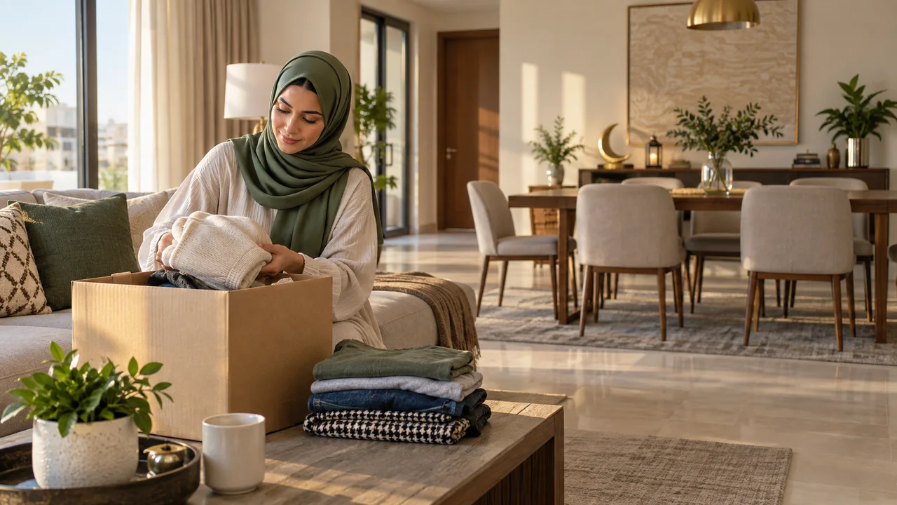 Woman in a green headscarf folding clean clothes into a plain donation box in a warm apartment living room