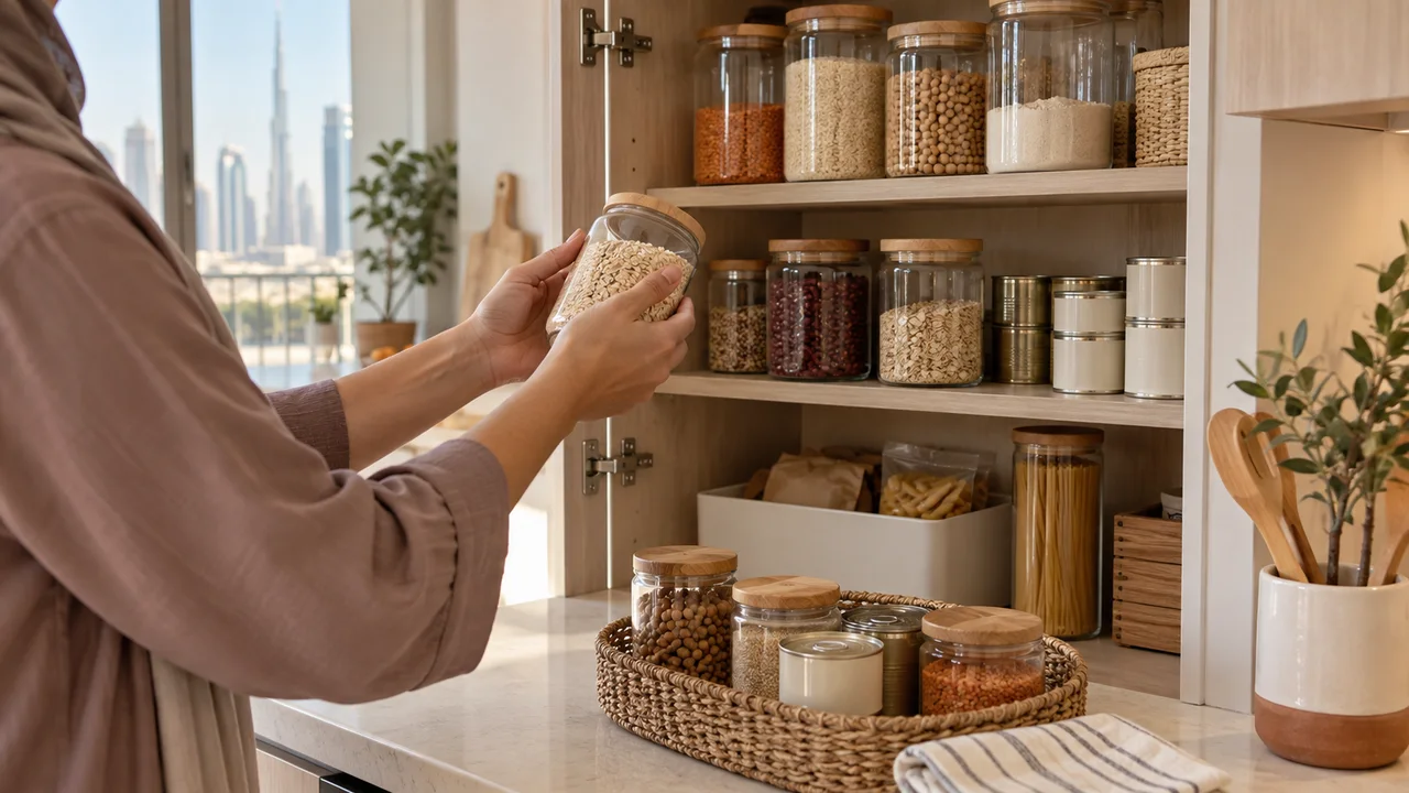 Hands reviewing an unlabelled glass jar beside an open pantry of dry goods in a bright apartment kitchen