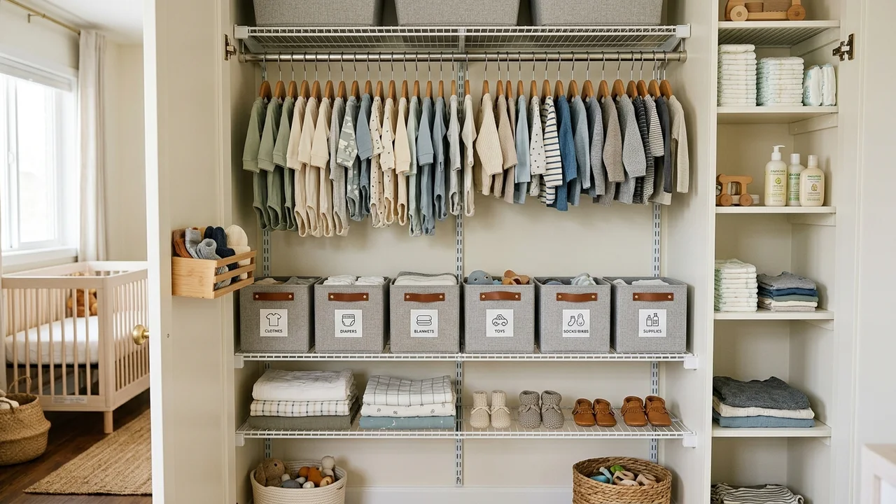 Neatly organized baby wardrobe with baby clothing on miniature hangers and sorted storage bins for newborn essentials