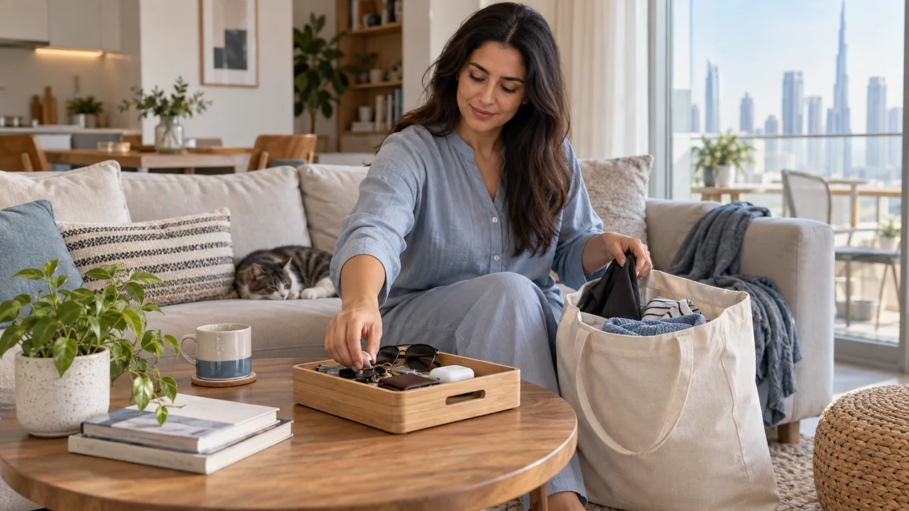 Woman calmly placing everyday objects into a wooden tray beside a small cloth bag in a bright apartment living room