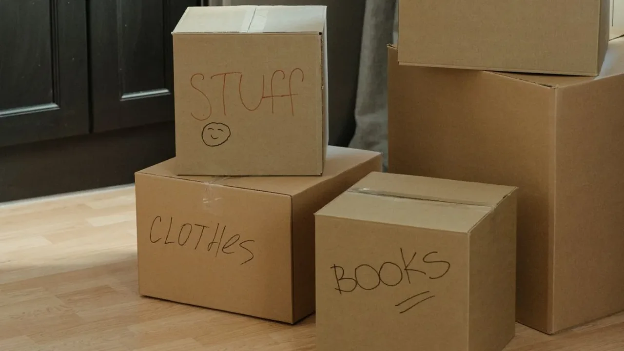 Three cardboard boxes marked stuff, clothes and books in handwritten marker, stacked on a wooden floor in front of a dark cupboard door