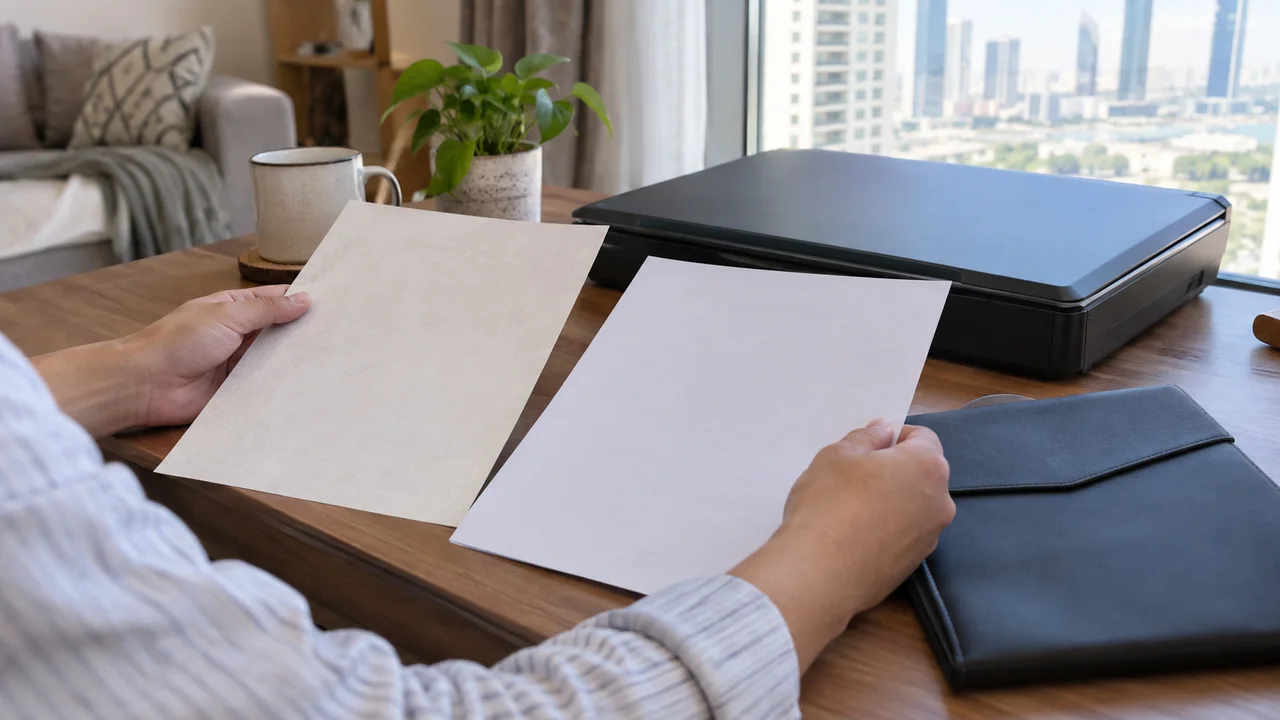 Hands comparing papers beside a closed document wallet and desktop scanner with personal details hidden