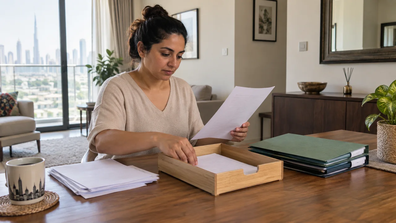 Adult sorting household papers into an action tray and closed document folders on a dining table