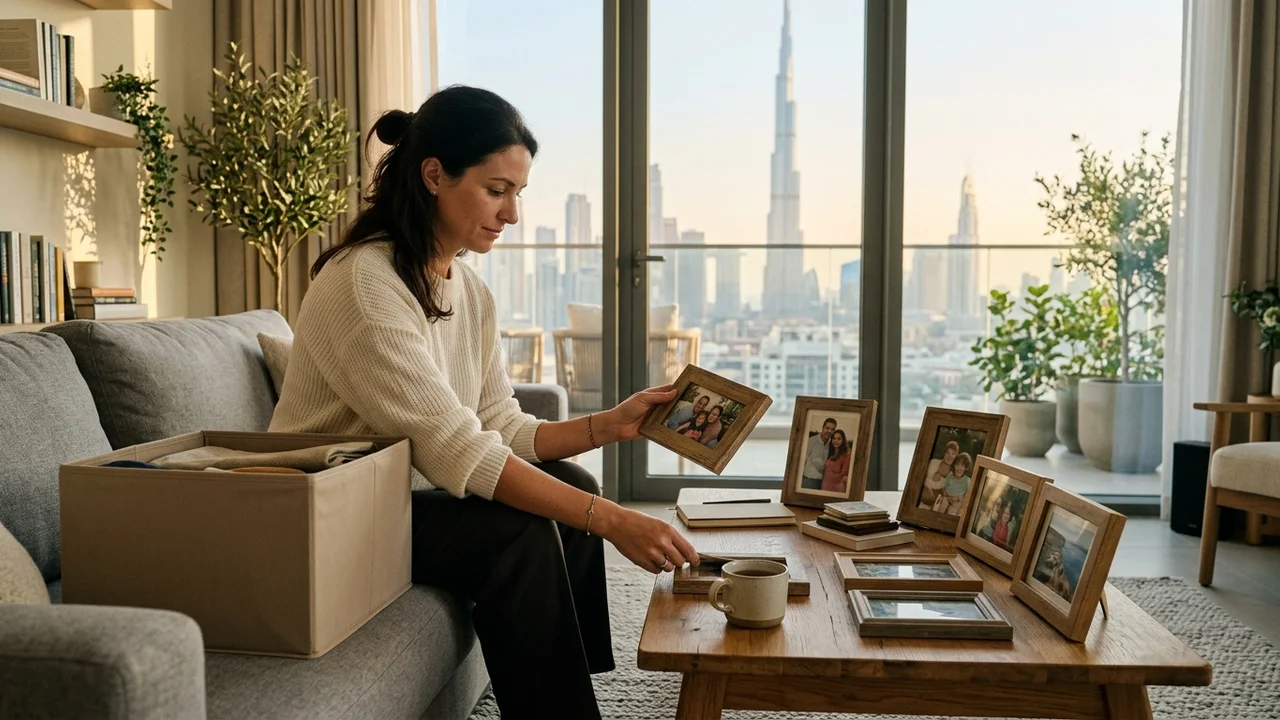 Dubai resident in a bright living room curating a small keepsake box of meaningful items with framed photographs