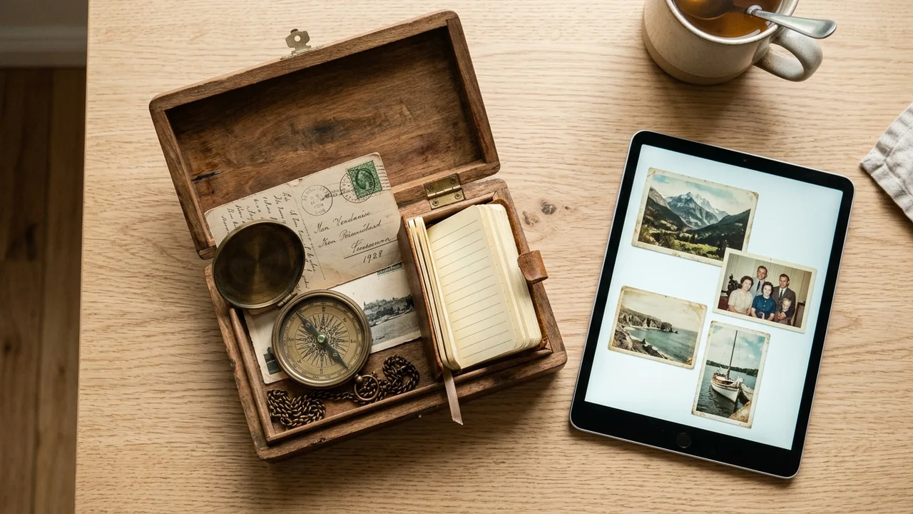 Flat lay photograph on a light oak table showing a curated small wooden keepsake box containing a vintage brass compass and a tablet displaying digital photo scans