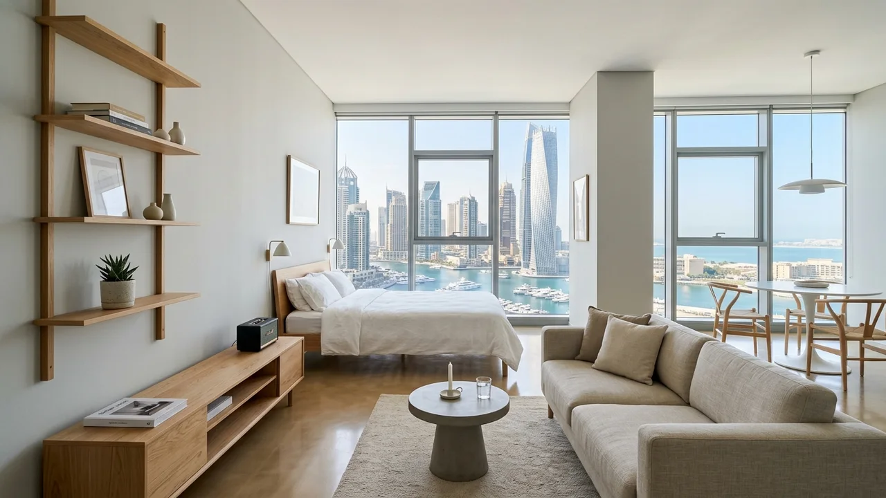 Modern airy Dubai high-rise studio apartment showing minimalist living space with slender vertical floating shelves and clear open floors