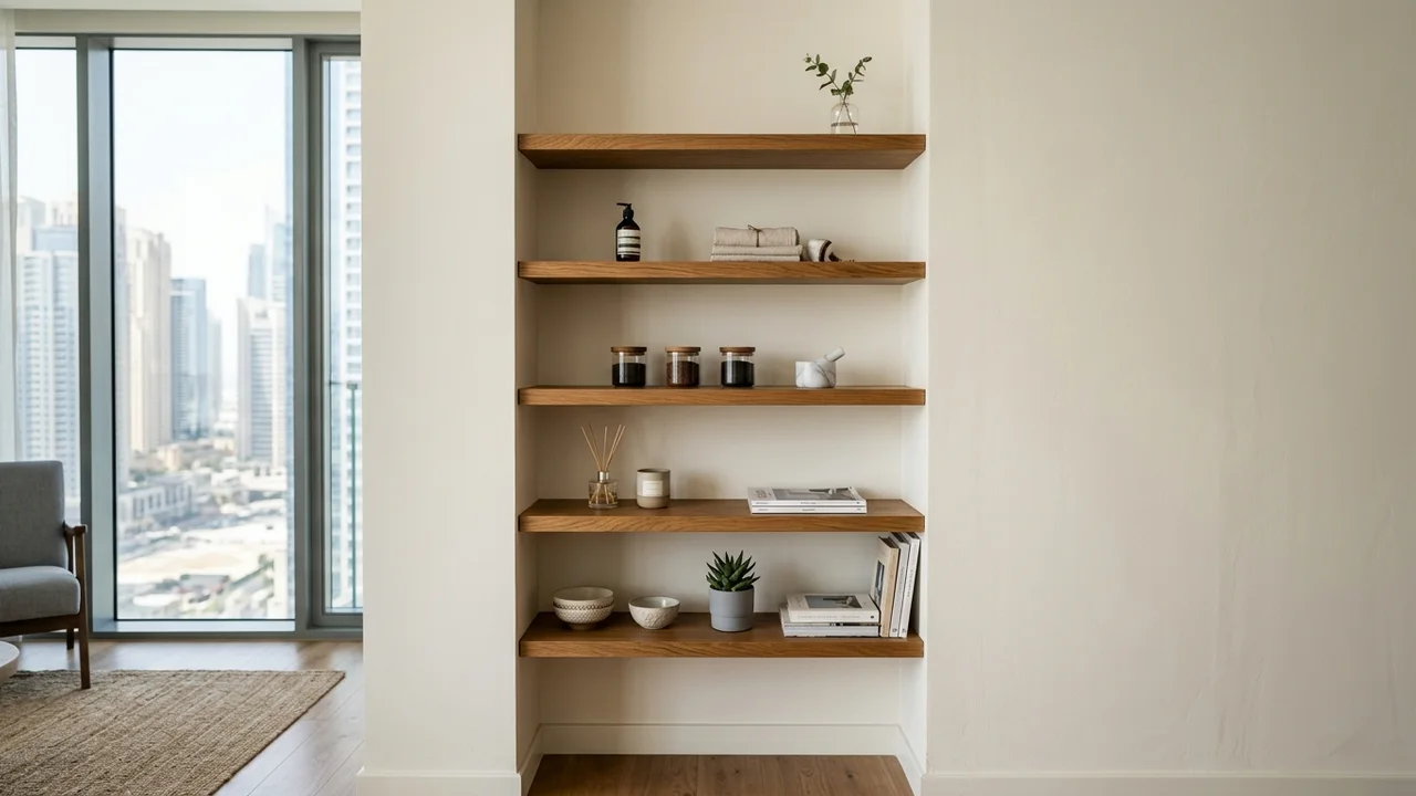 Close-up architectural view of a sleek vertical storage nook inside a modern Dubai apartment with floating wood shelves