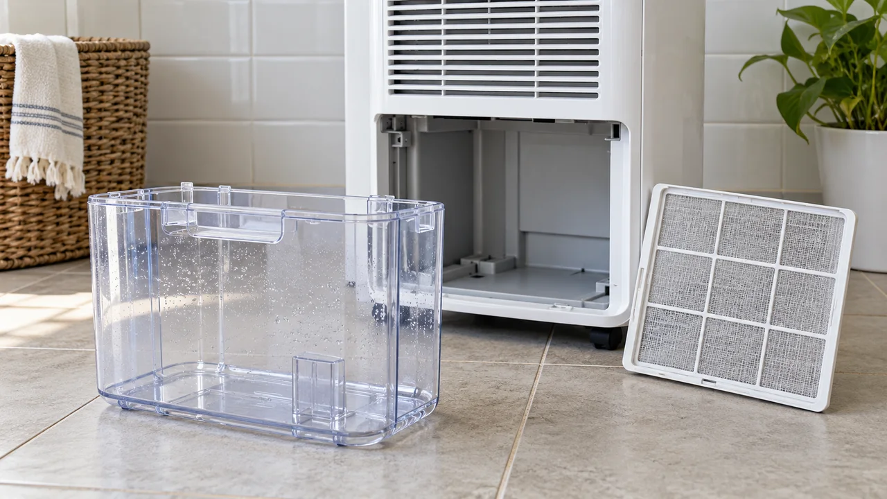 Empty clear dehumidifier water tank and washable filter beside the open unplugged appliance