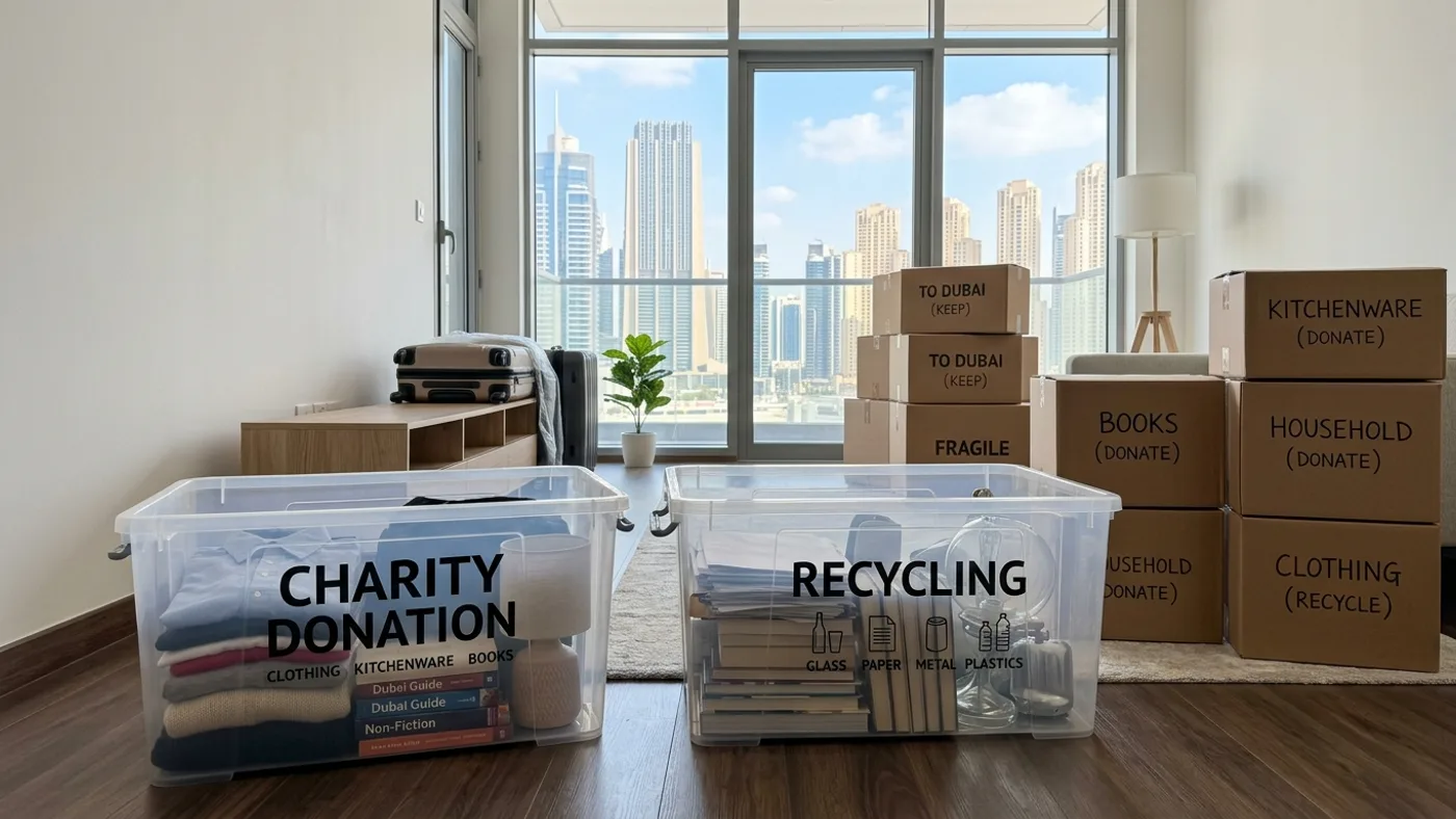 Transparent storage containers neatly labeled for charity donation and recycling in a sunlit Dubai apartment
