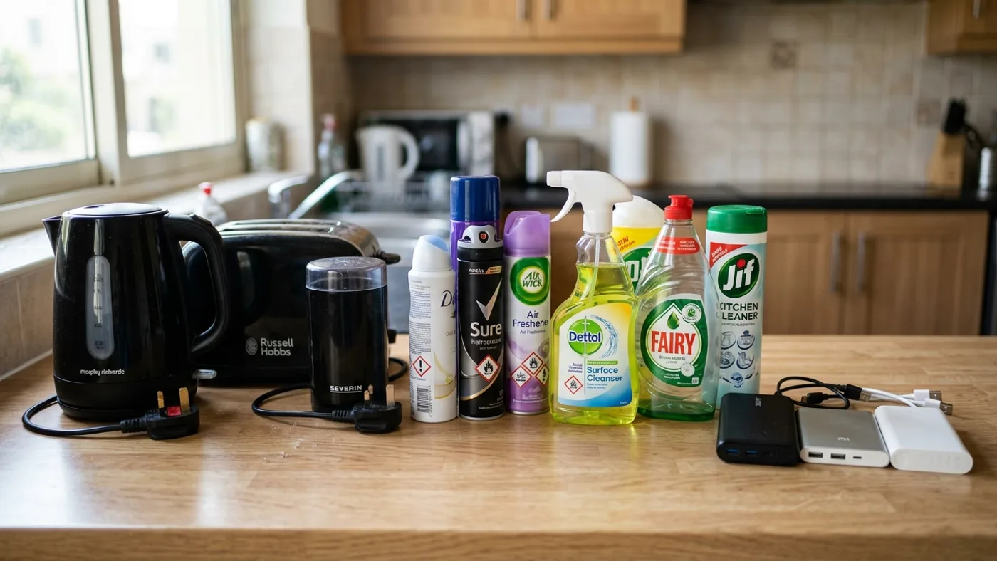 Assortment of non-shippable items on a Dubai kitchen table including electric kettle, toaster, power banks, and cleaning sprays