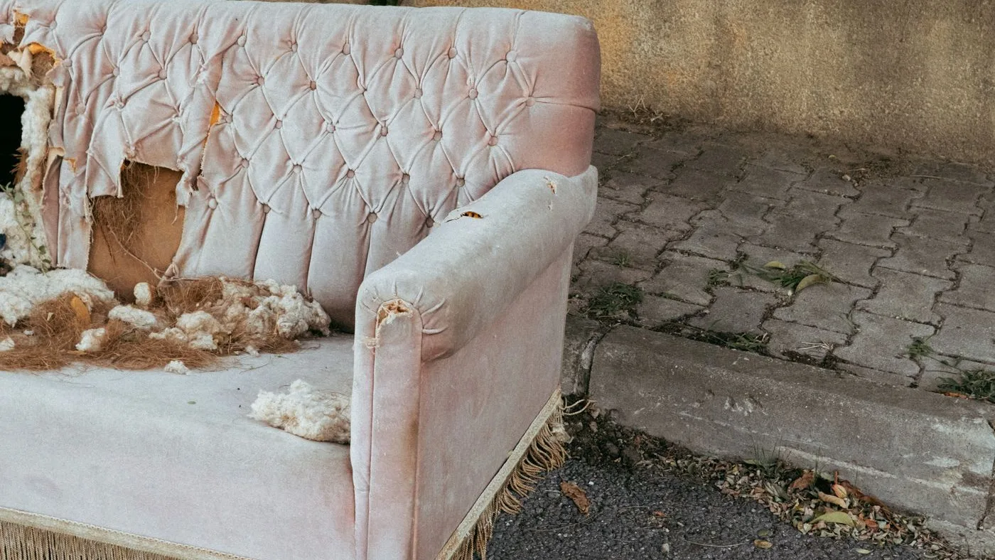Pink buttoned velvet sofa with torn upholstery and stuffing spilling out, abandoned on tarmac beside a kerb and a rendered wall