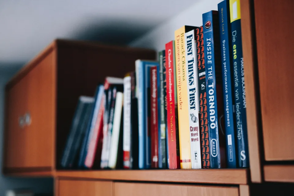 Row of books stacked upright on a wooden home bookshelf