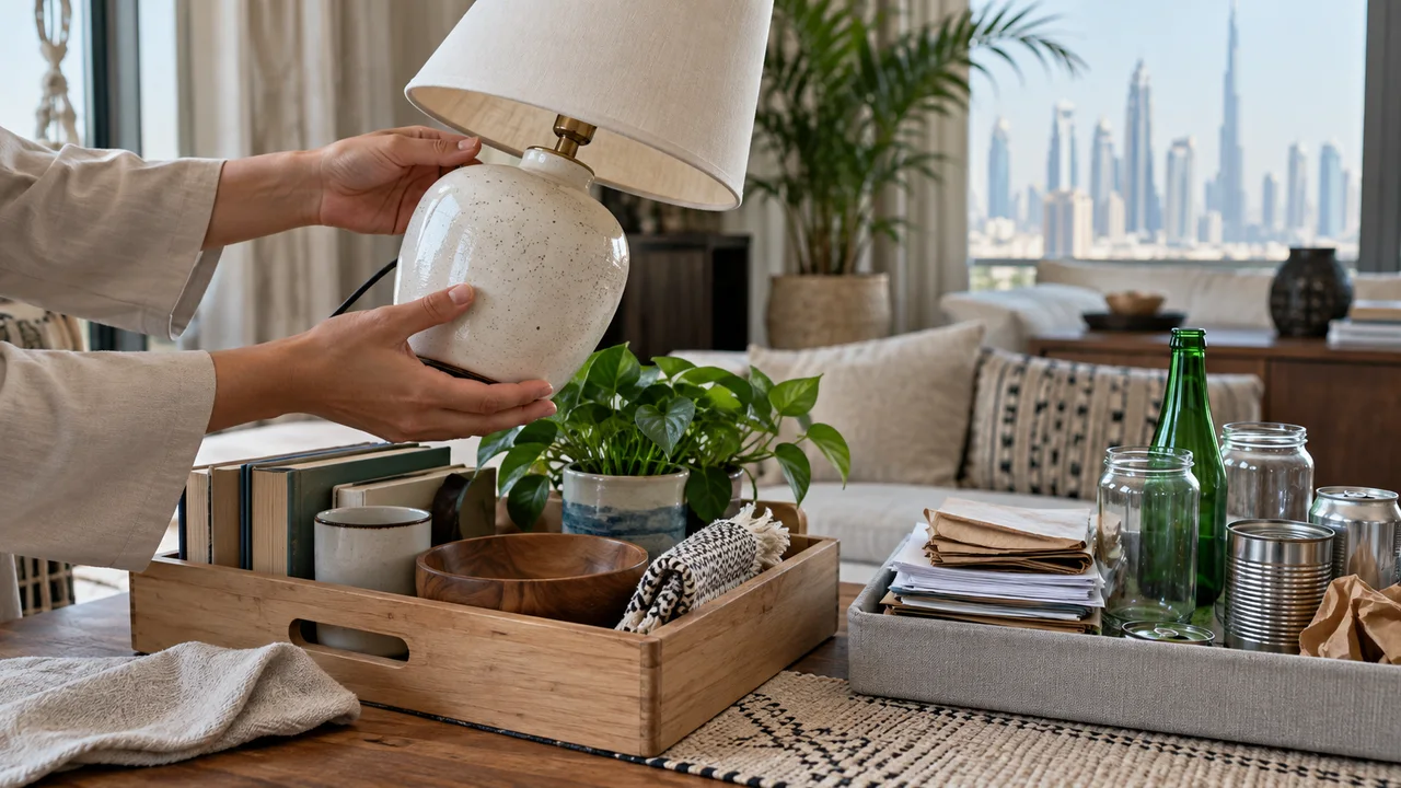 Hands checking a ceramic lamp beside reusable household goods and a separate tray of recyclable materials