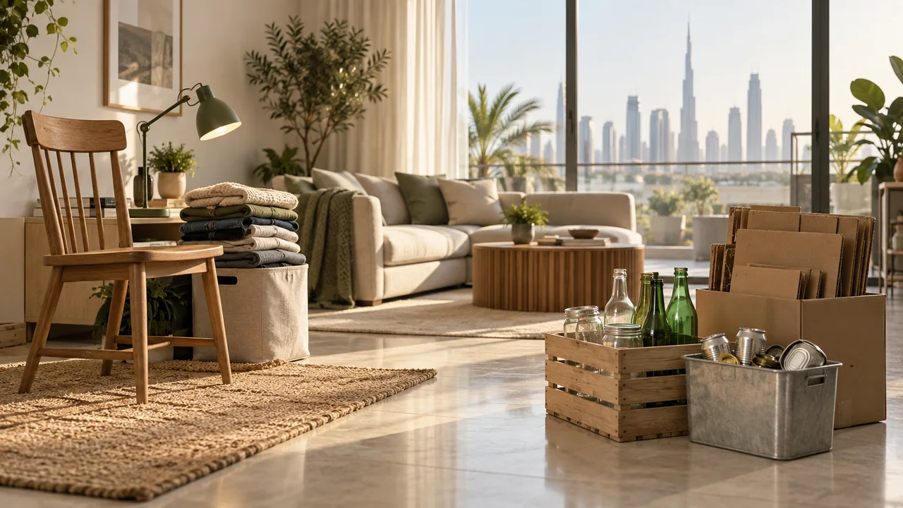 Dubai apartment with a usable chair and folded clothes set apart from clean glass metal and cardboard for recycling